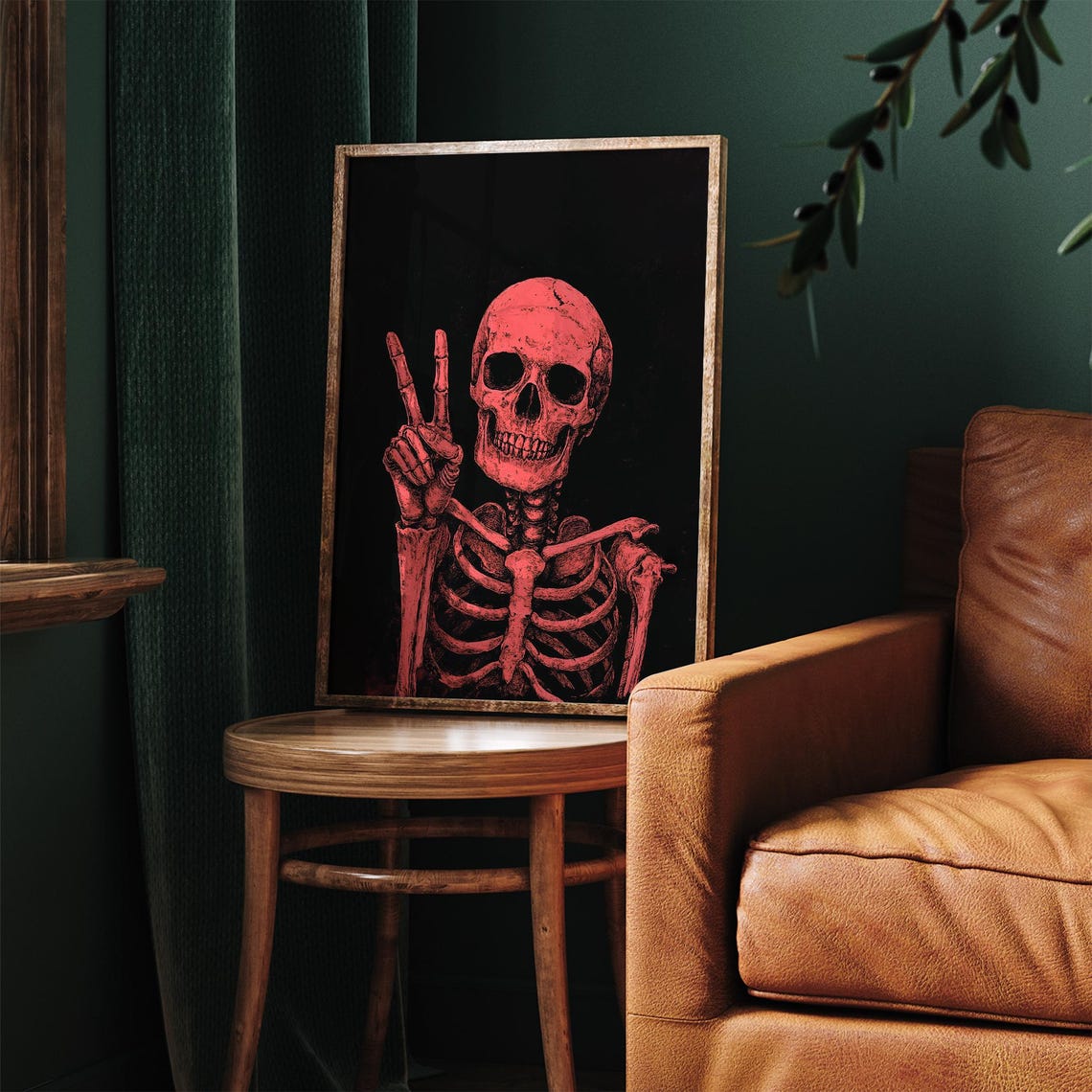 Pink Skeleton Peace Sign Retro Halloween Spooky Fun Wall Art - Image 4
