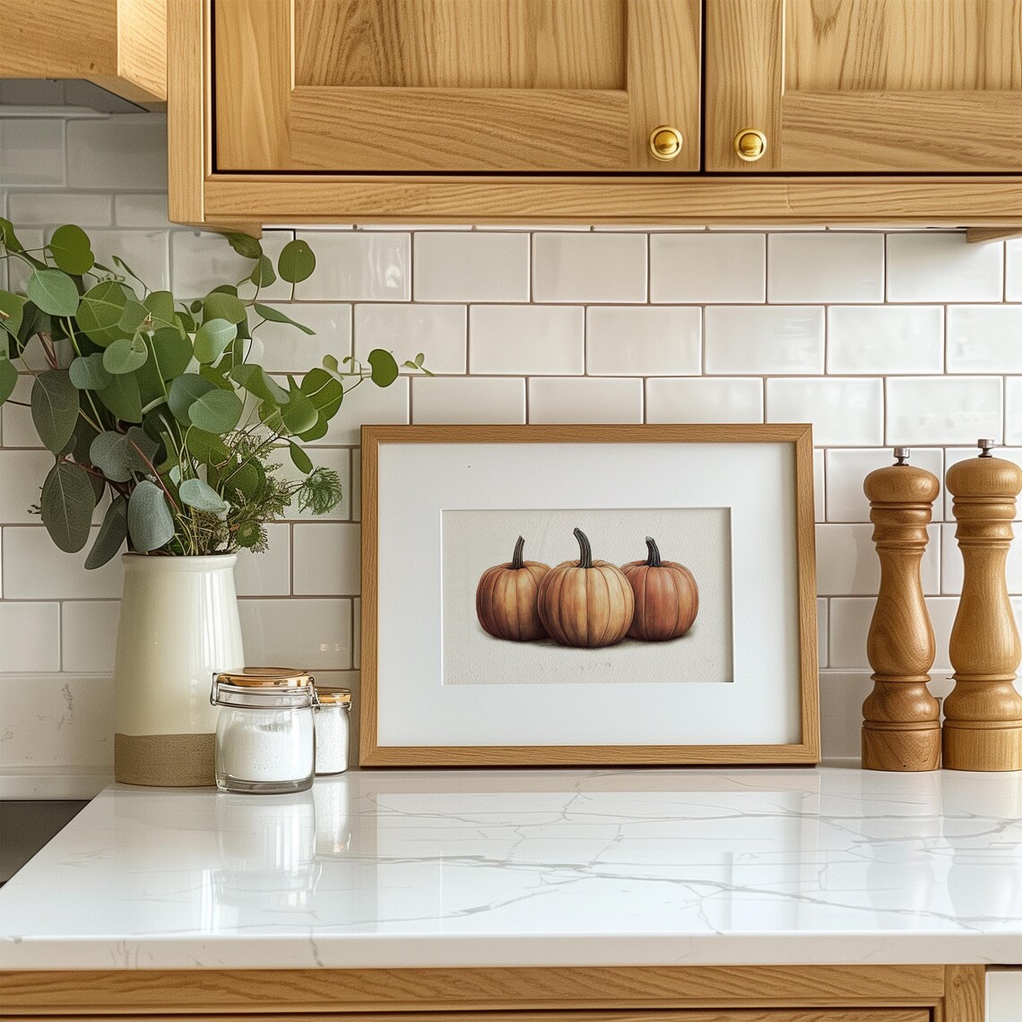 Three Pumpkins Oil Painting Still Life Orange Autumn Farmhouse Poster - Image 2
