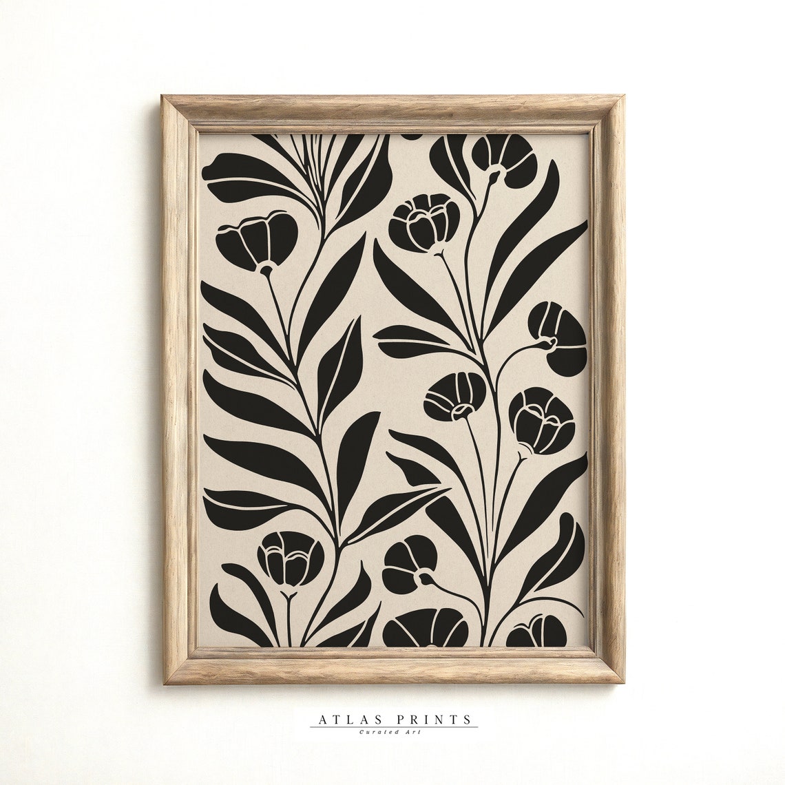 Black Floral Leaf Pattern Cream Scandinavian Botanical Poster - Image 2