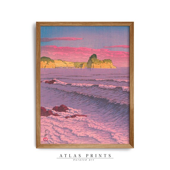 Kawase Hasui Purple Sunset Coastal Waves Japanese Woodblock Wall Art
