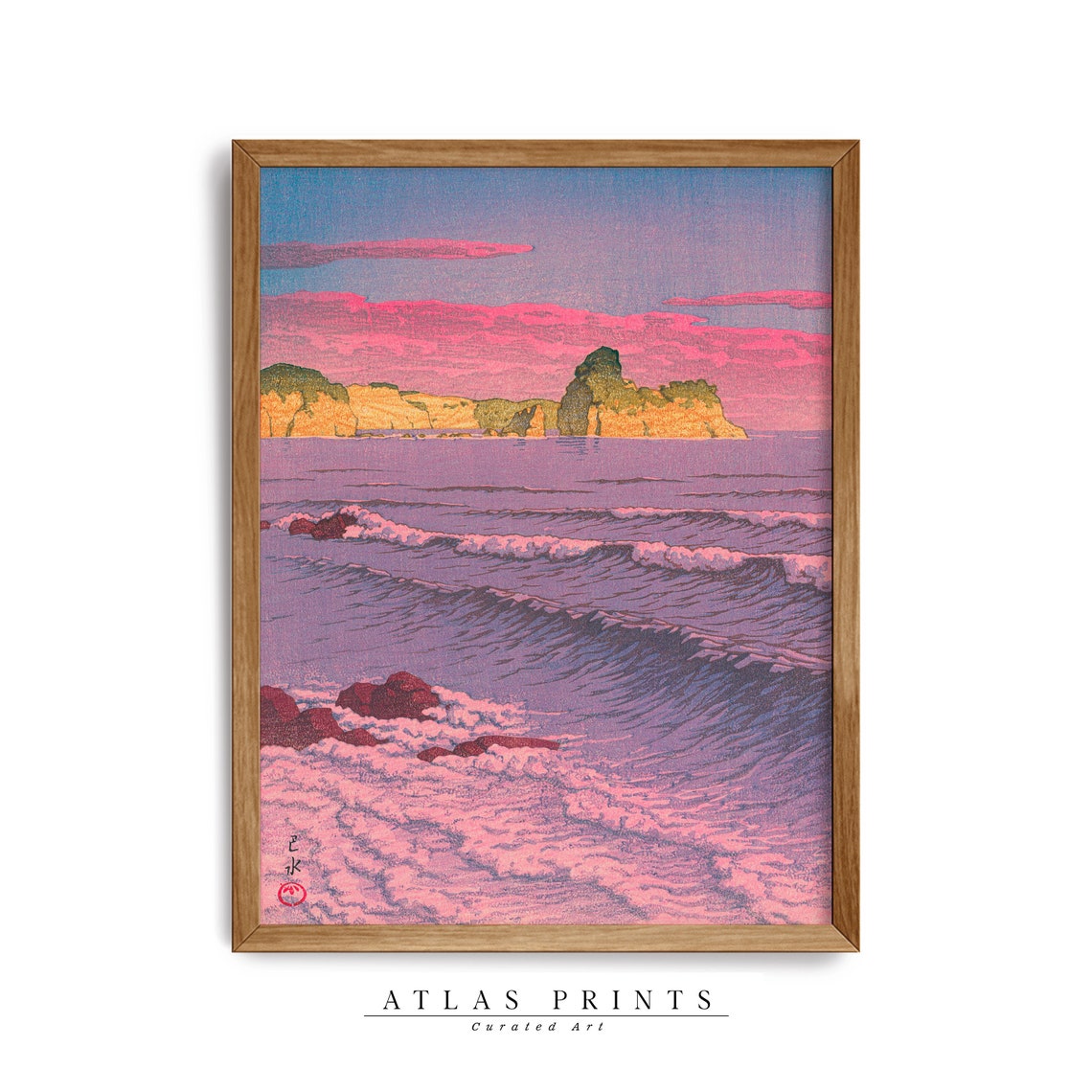 Kawase Hasui Purple Sunset Coastal Waves Japanese Woodblock Wall Art