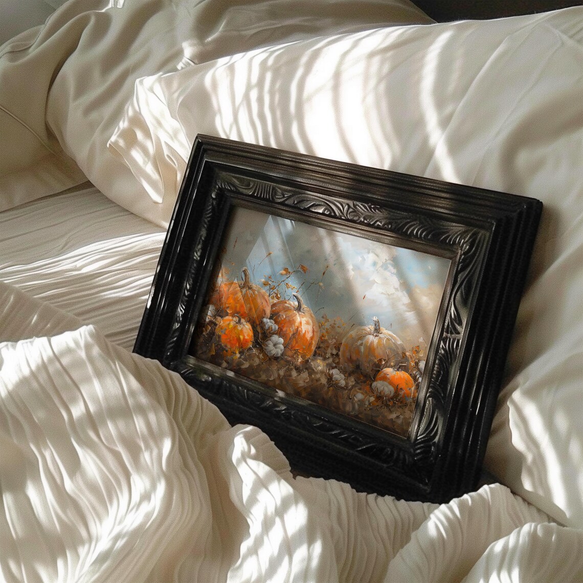 Pumpkins In Wildflower Field Vintage Fall Harvest Painting Wall Art - Image 5