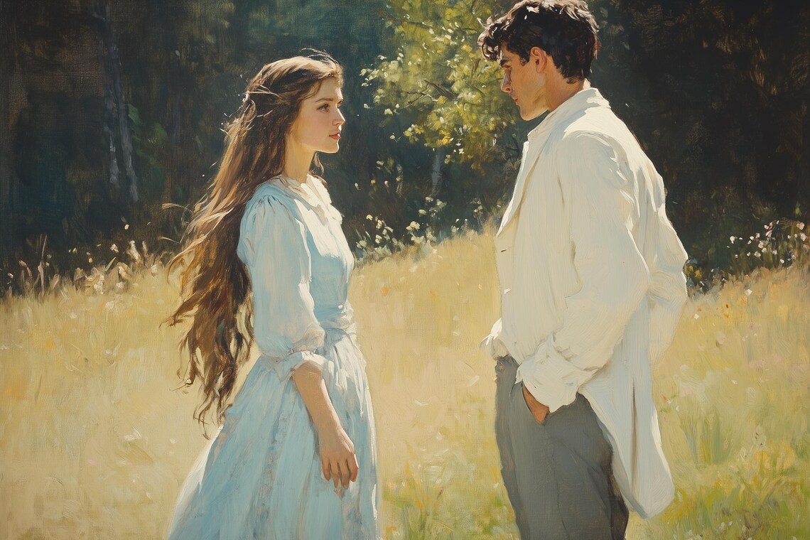 Lovers In The Meadow, Vintage Romantic Oil Painting - Image 2