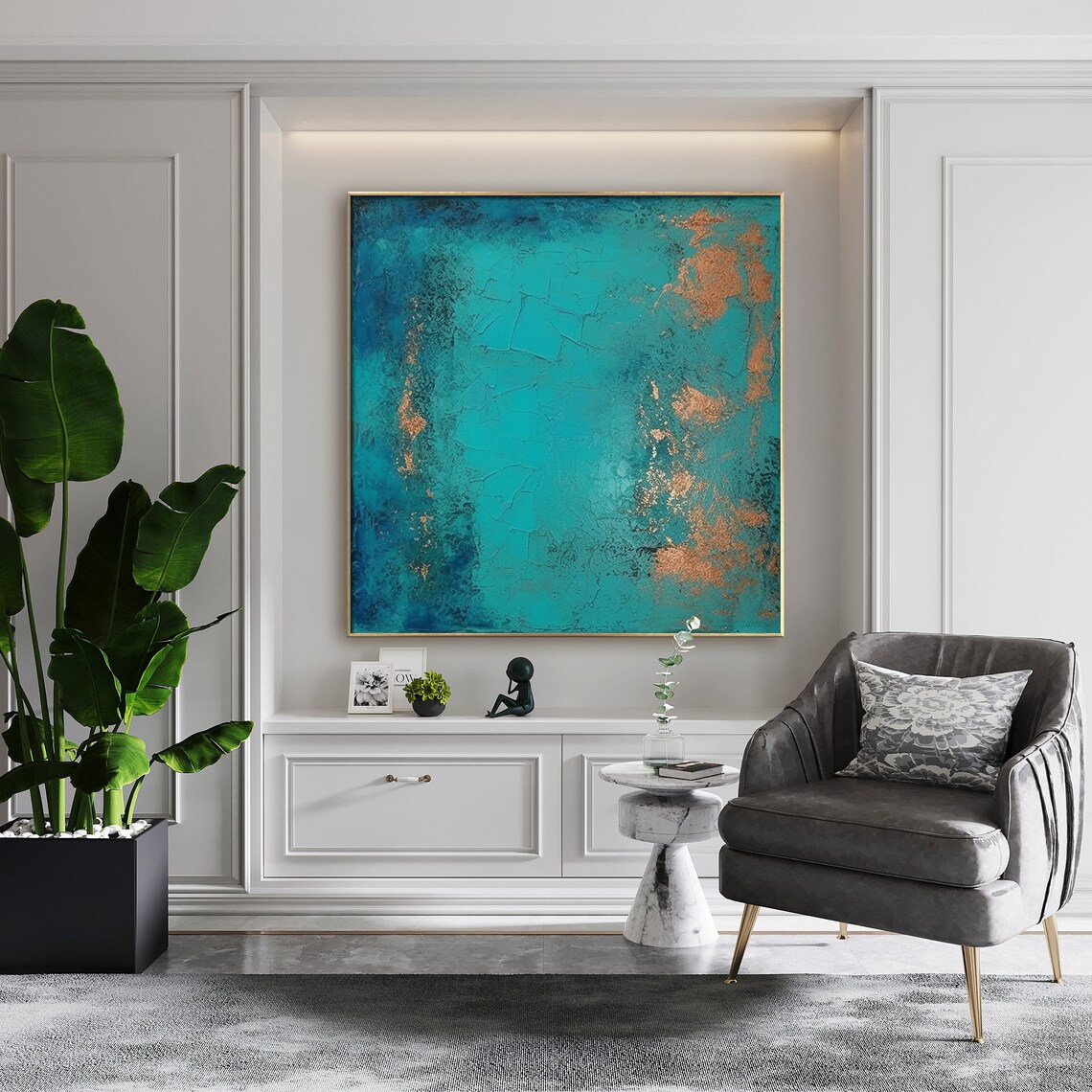 Green Abstract Painting With Gold Leaf Accents