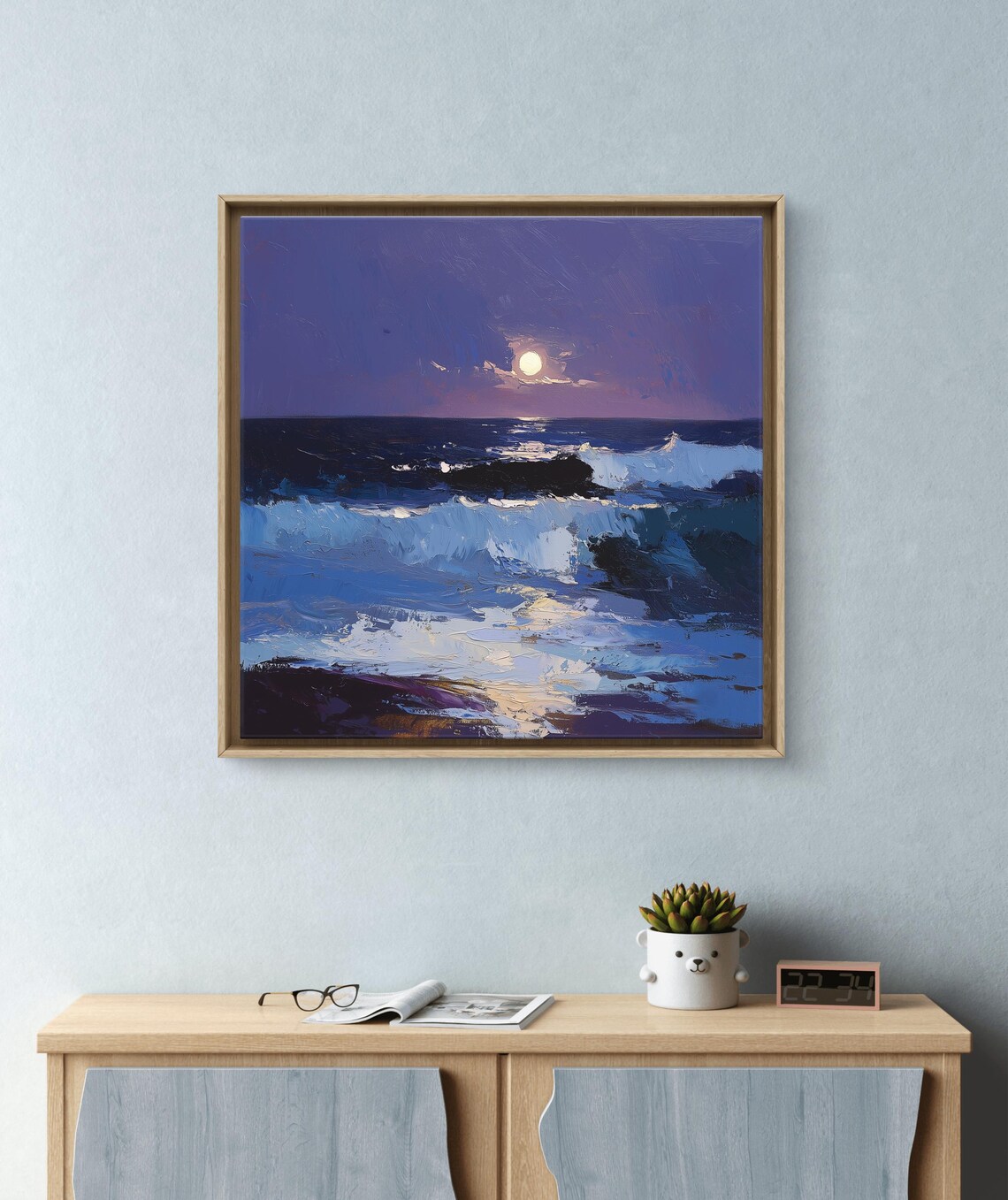 Night Seascape with Moonlit Waves, Oil Painting