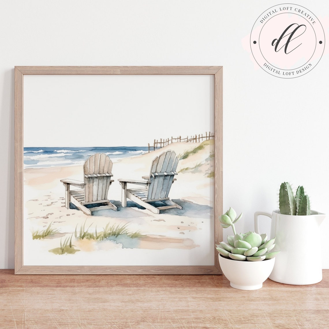 Beach Chairs Ocean Watercolor Coastal Relaxing Shore Wall Art