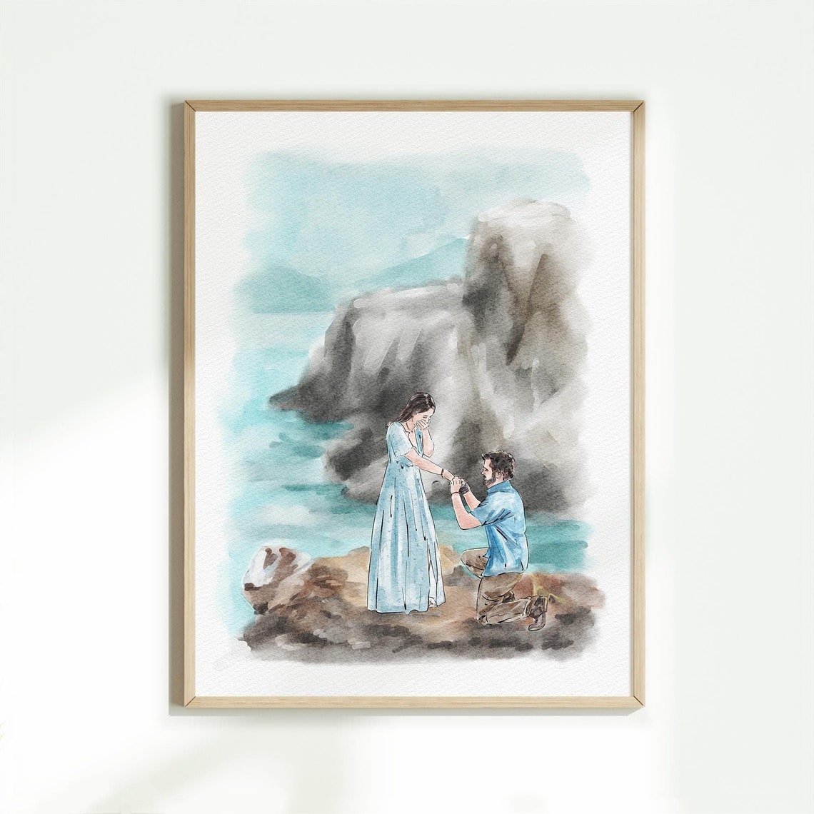 Seaside Cliff Proposal Moment Custom Watercolor Engagement Poster