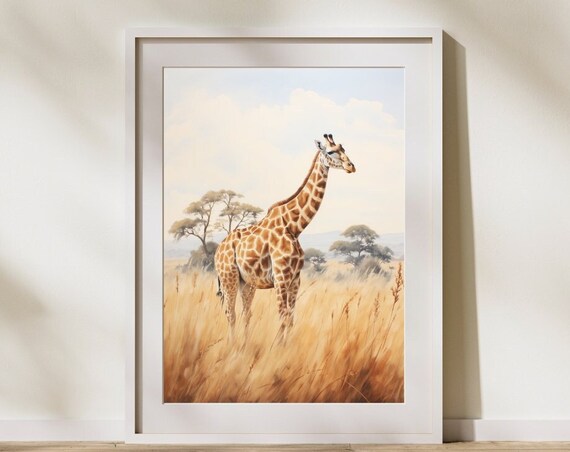 Giraffe in Golden Savanna Watercolor Wildlife Safari Art Poster