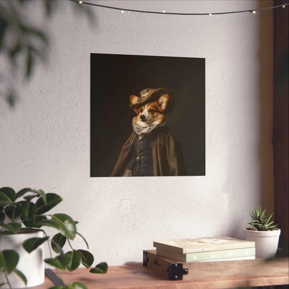 Maximalist Eclectic Victorian Corgi Poster Print Bold Altered Animal Portrait Fantasy Fun Colorful Renaissance Rustic Art