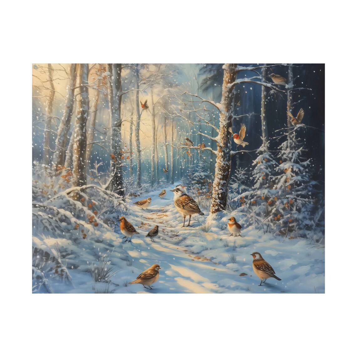 Snowy Woodland Birds Gathering Among Berry Bushes In Winter Morning Poster - Image 3