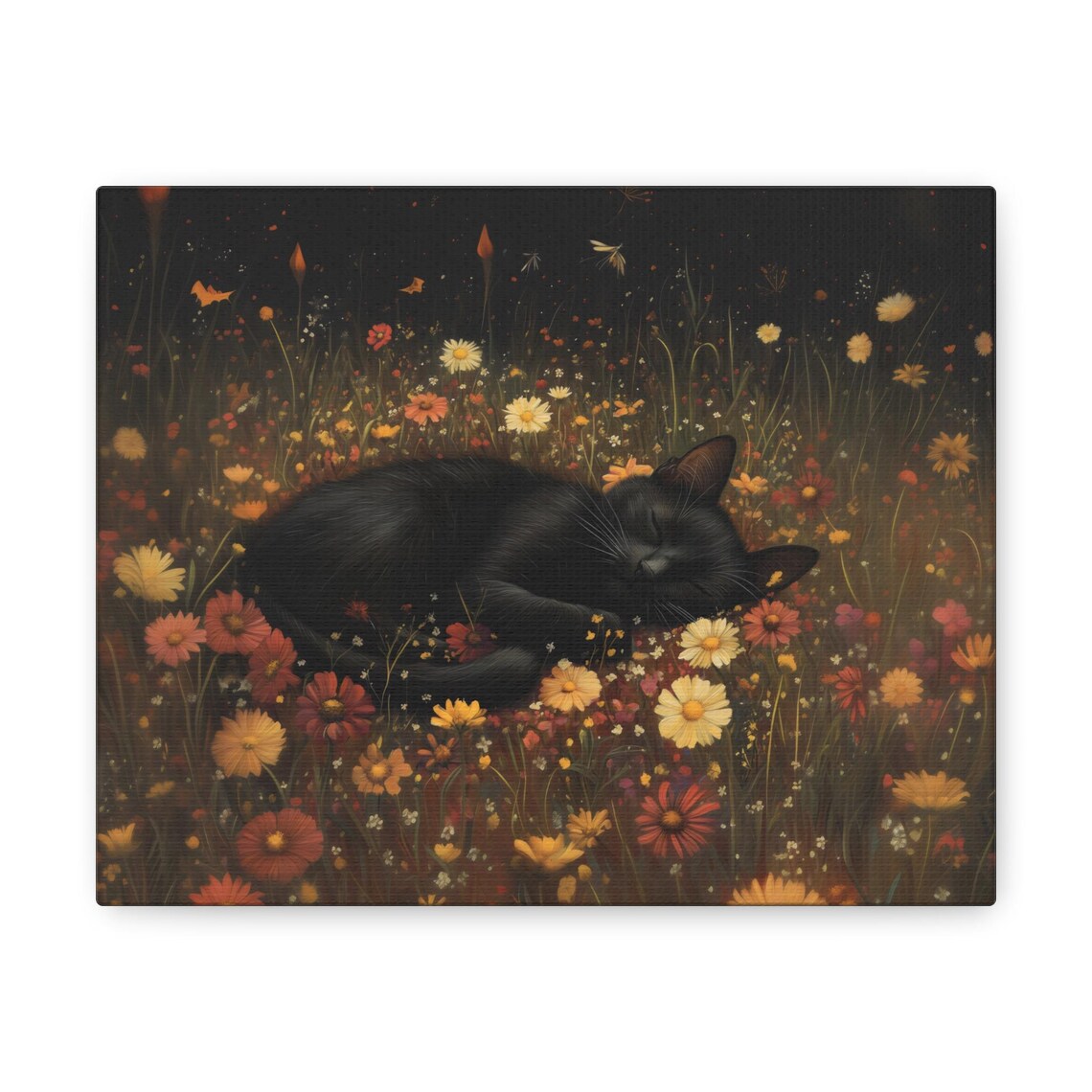 Sleeping Black Cat Curled Up in Autumn Wildflowers Cozy Halloween Wall Art - Image 2