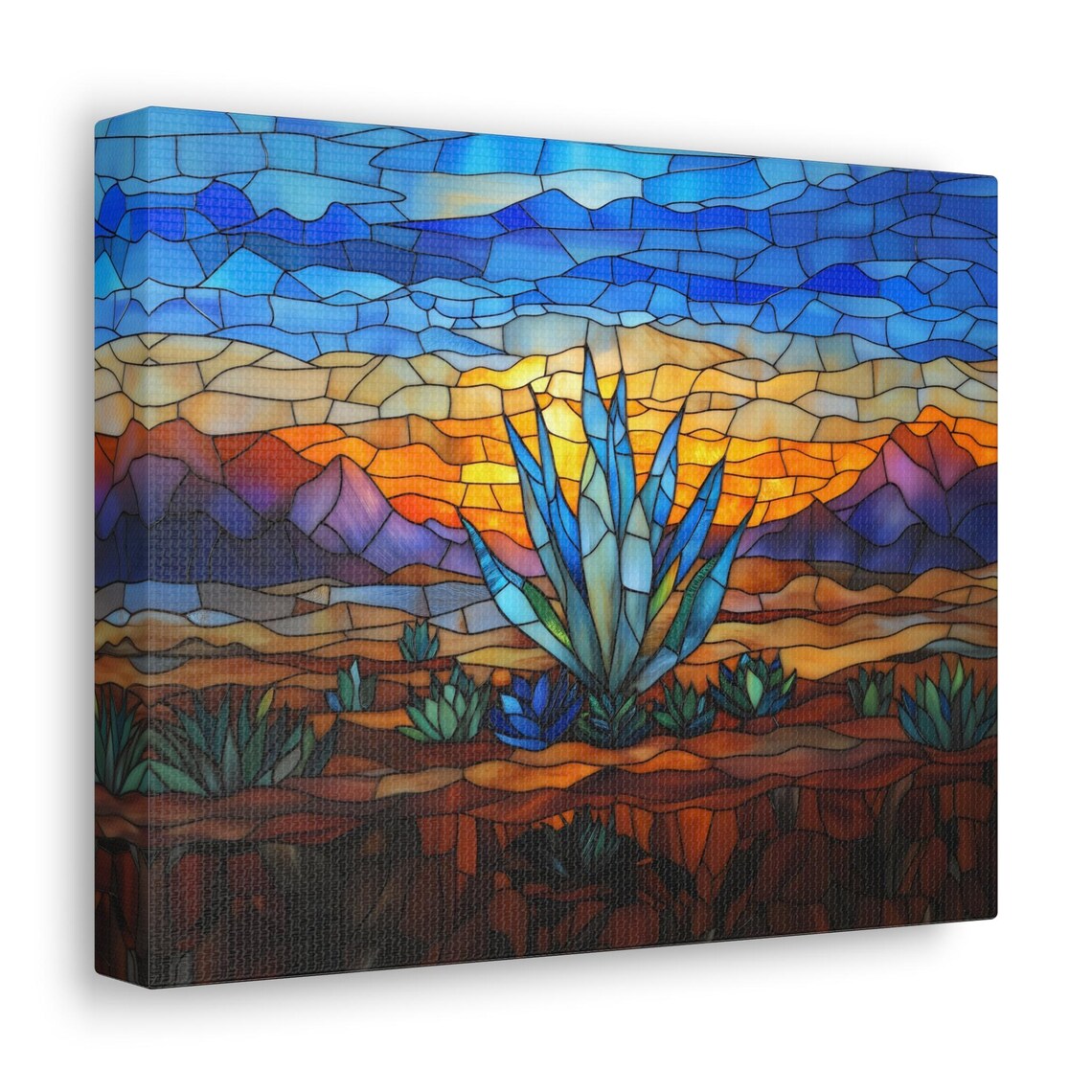 Blue Agave Stained Glass Desert Sunset Over Mountains Art Print - Image 2