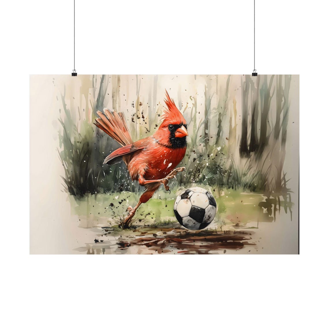 Northern Cardinal Soccer Kick Dynamic Watercolor Bird Poster - Image 3