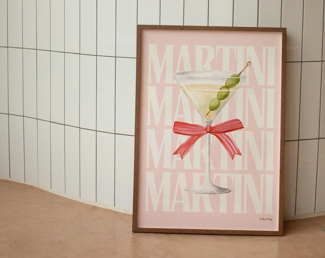 Martini Glass Pink Watercolor Coquette Bow Cocktail Bar Poster