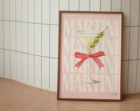 Martini Glass Pink Watercolor Coquette Bow Cocktail Bar Poster