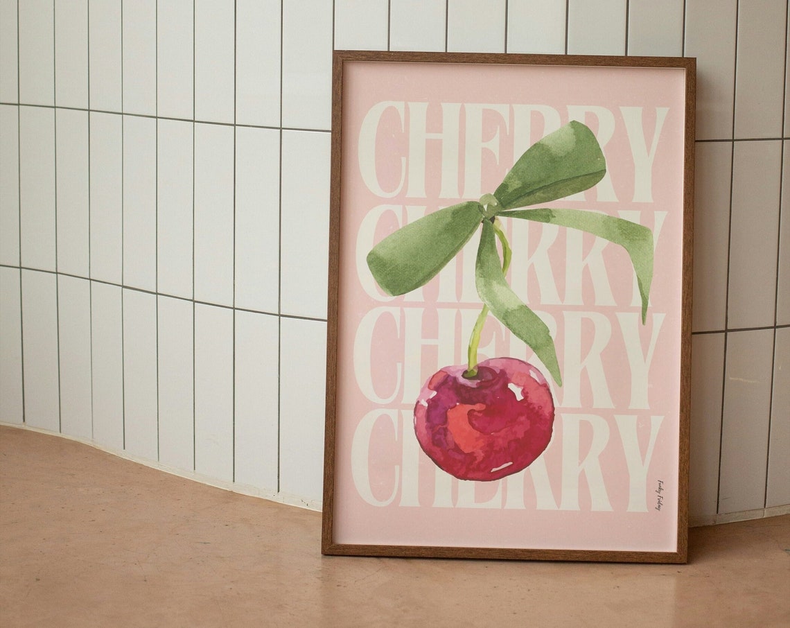 Cherry Watercolor Pink Coquette Retro Kitchen Fruit Wall Art - Image 2