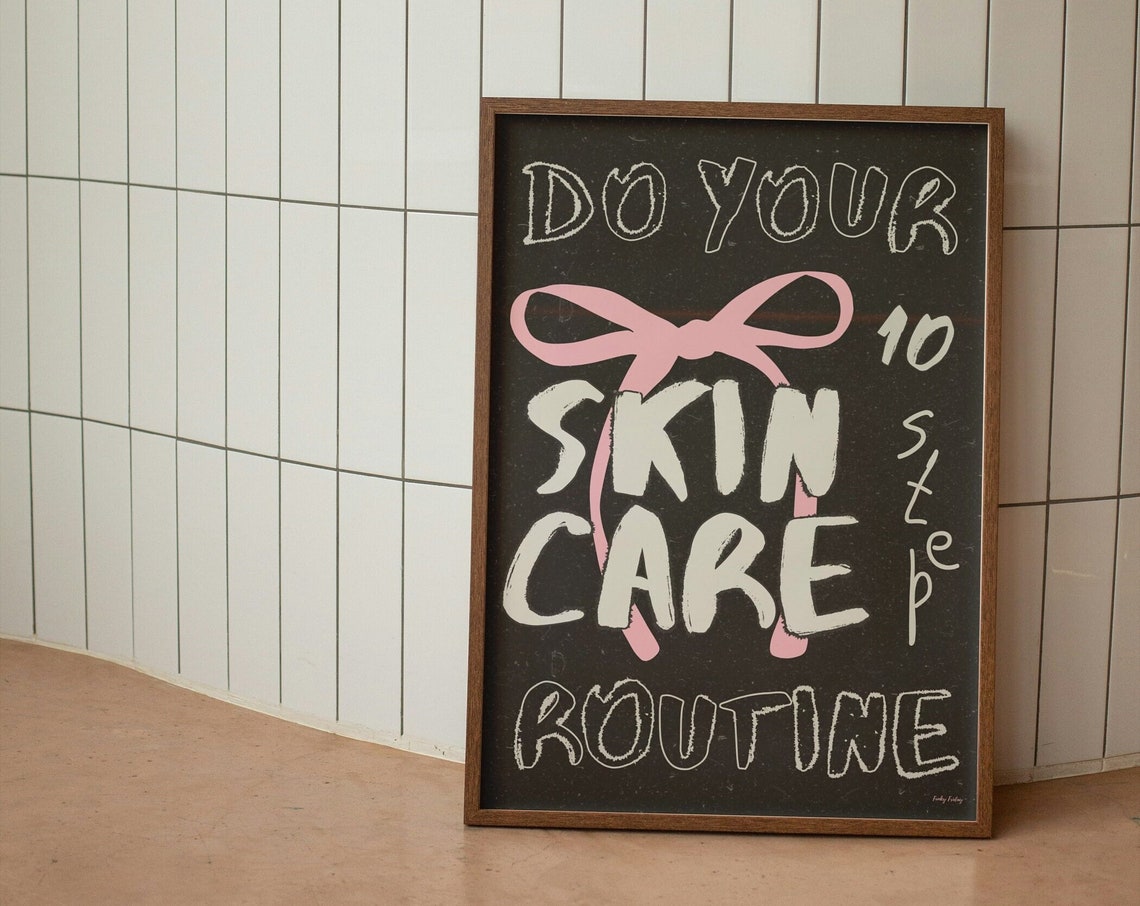 10 Step Skincare Routine Wall Print Bathroom Poster Girly Wall Print Ribbon Bow Print Dorm Room Decor Funny Wall Art - Image 2