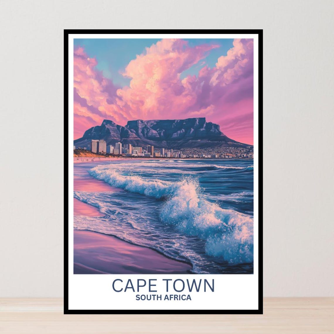 Cape Town South Africa Table Mountain Sunset Beach Waves Poster
