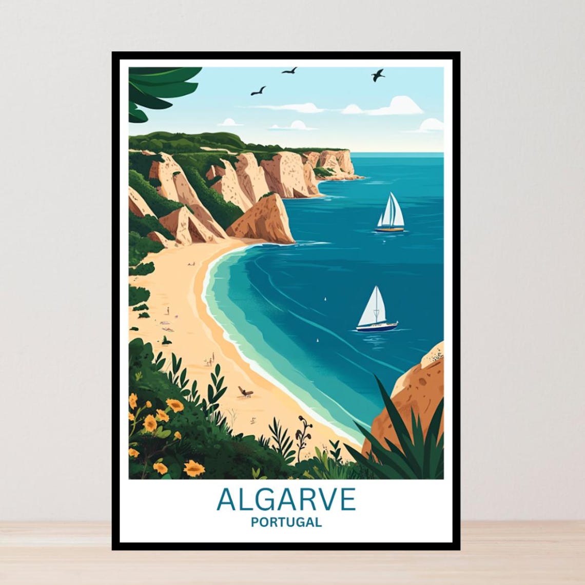 Algarve Portugal Coastal Cliffs Sandy Beach Sailboats View Poster