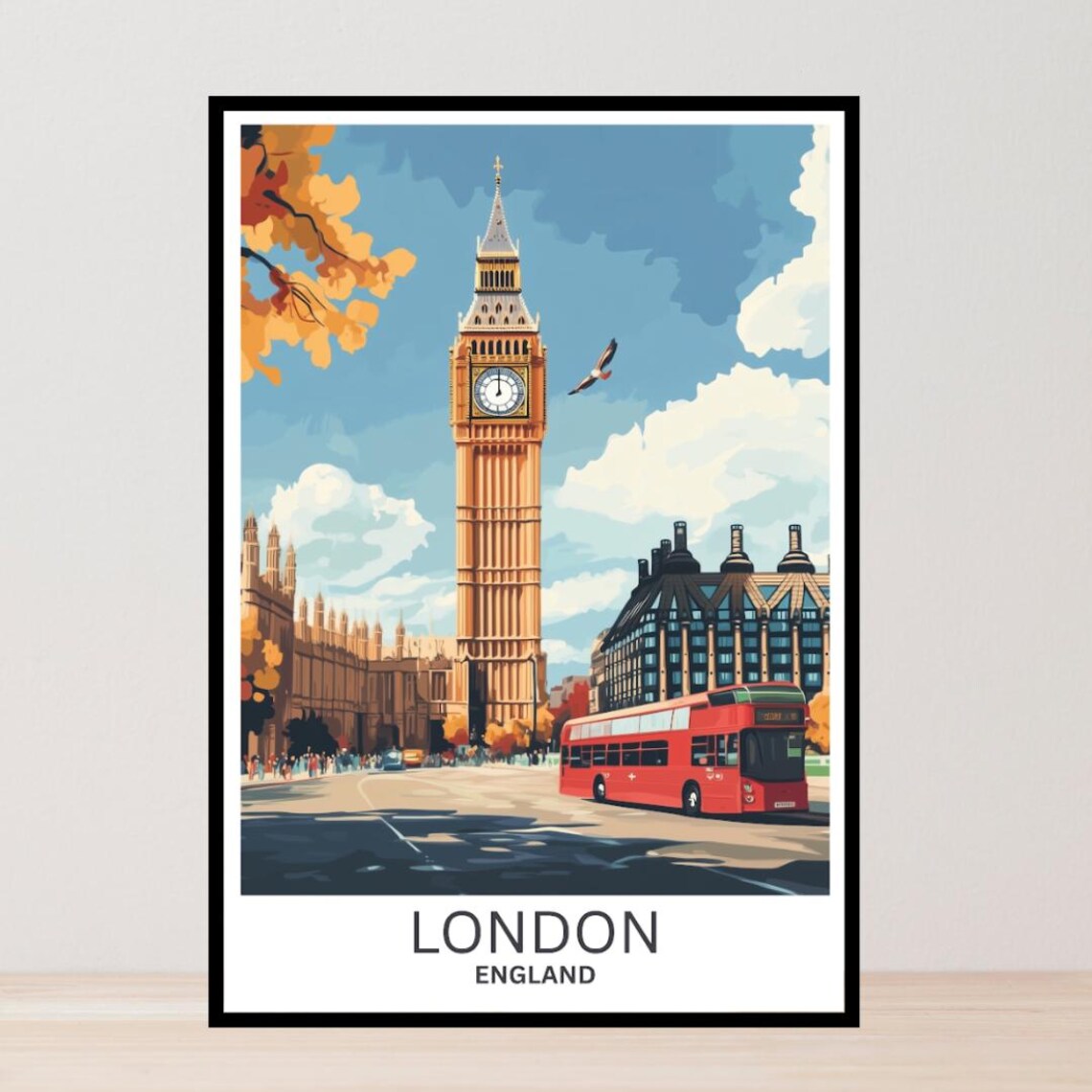 London England Big Ben Red Bus Autumn Street Scene Travel Poster