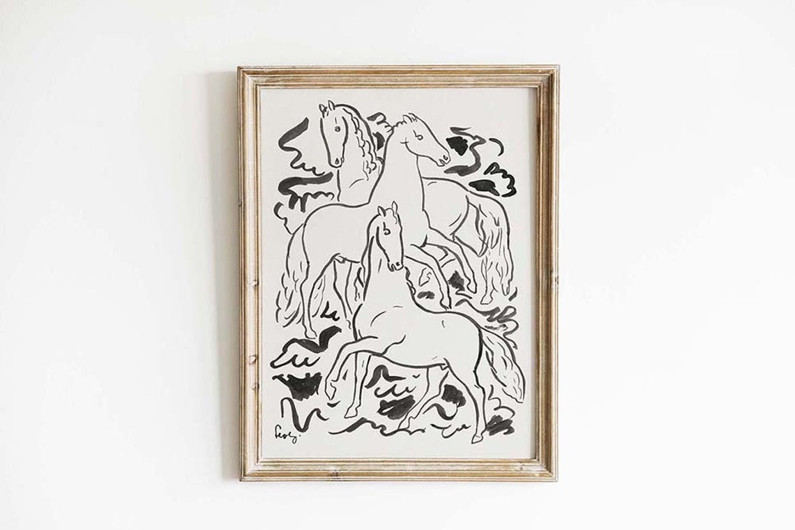Modern Horse Line Drawing Poster With Three Ink Sketch Horses