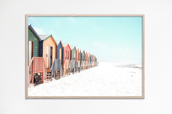 Colorful Beach Huts Sandy Shore Pastel Seaside Photography Poster