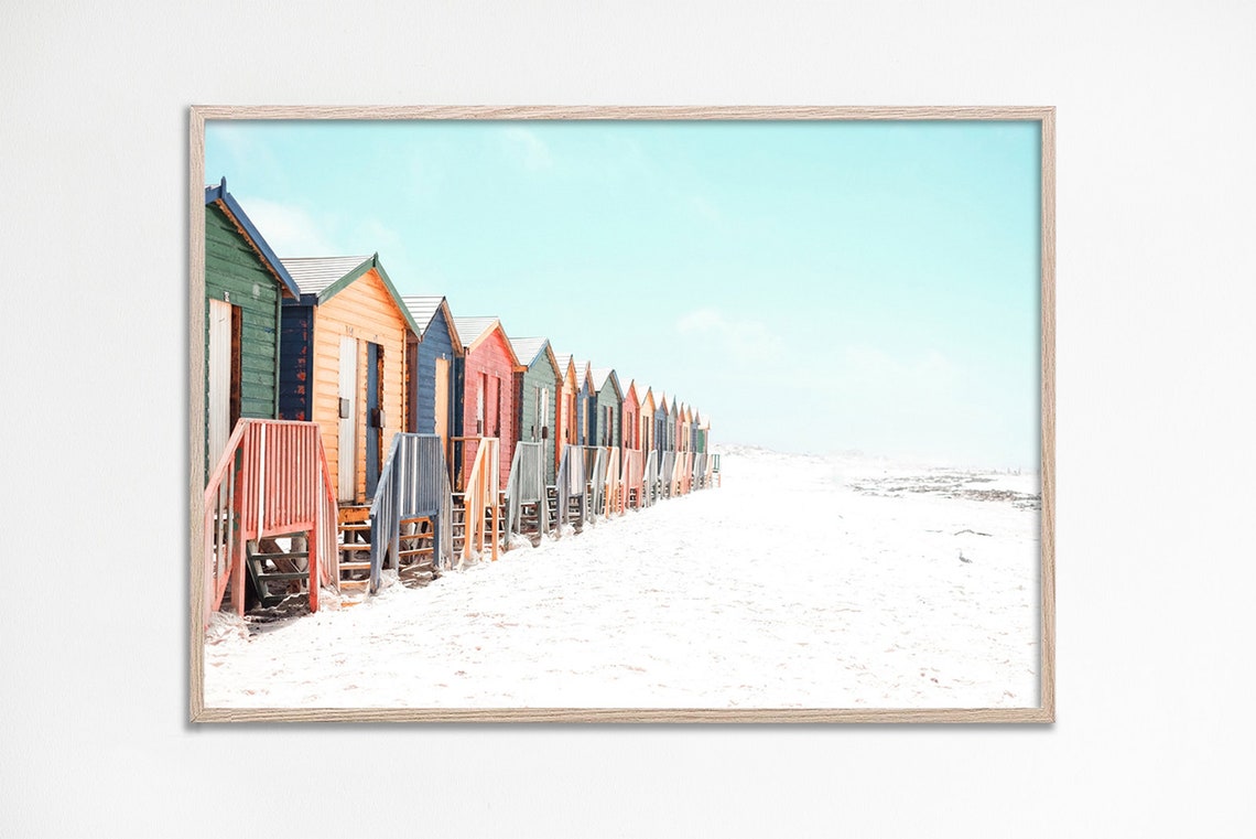 Colorful Beach Huts Sandy Shore Pastel Seaside Photography Poster