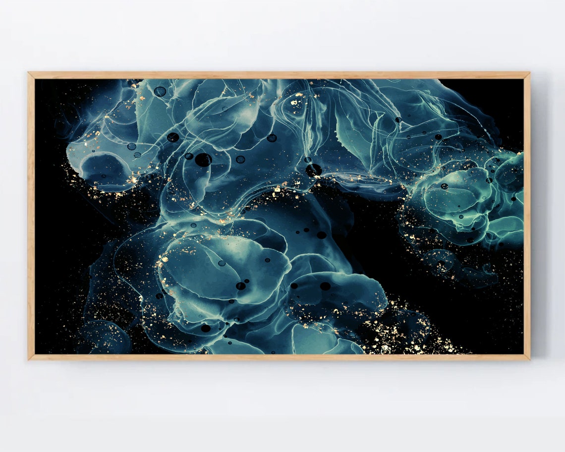 Samsung Frame Tv Art Abstract Blue And Gold 4k Liquid Marble Alcohol Ink For