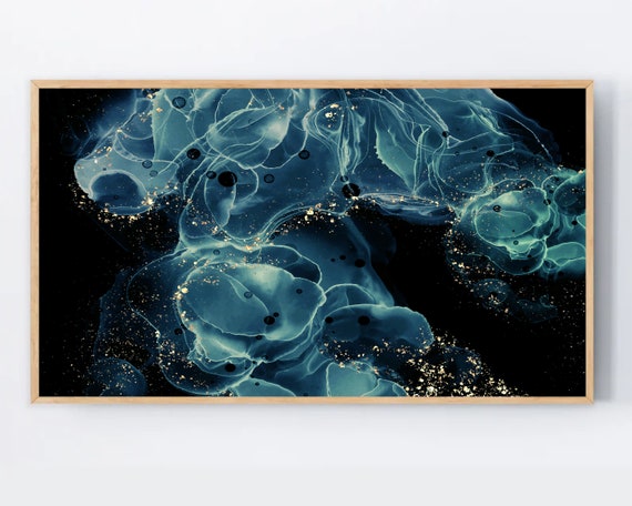Samsung Frame Tv Art Abstract Blue And Gold 4k Liquid Marble Alcohol Ink For