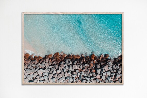 Aerial Rocky Shoreline Turquoise Ocean Waves Photography Print