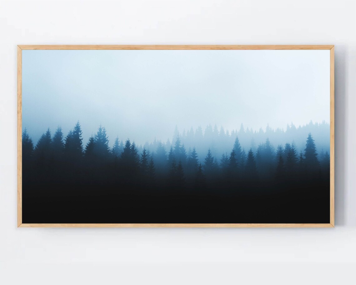 Moody Blue Foggy Forest Minimalist Nature Photography Poster