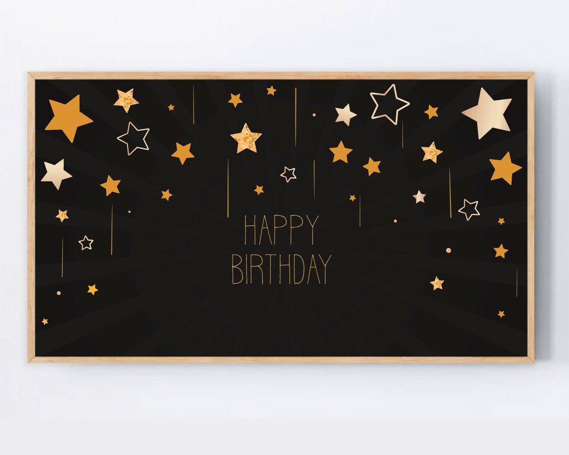 Happy Birthday Gold Stars Black Background Celebration Party Print
