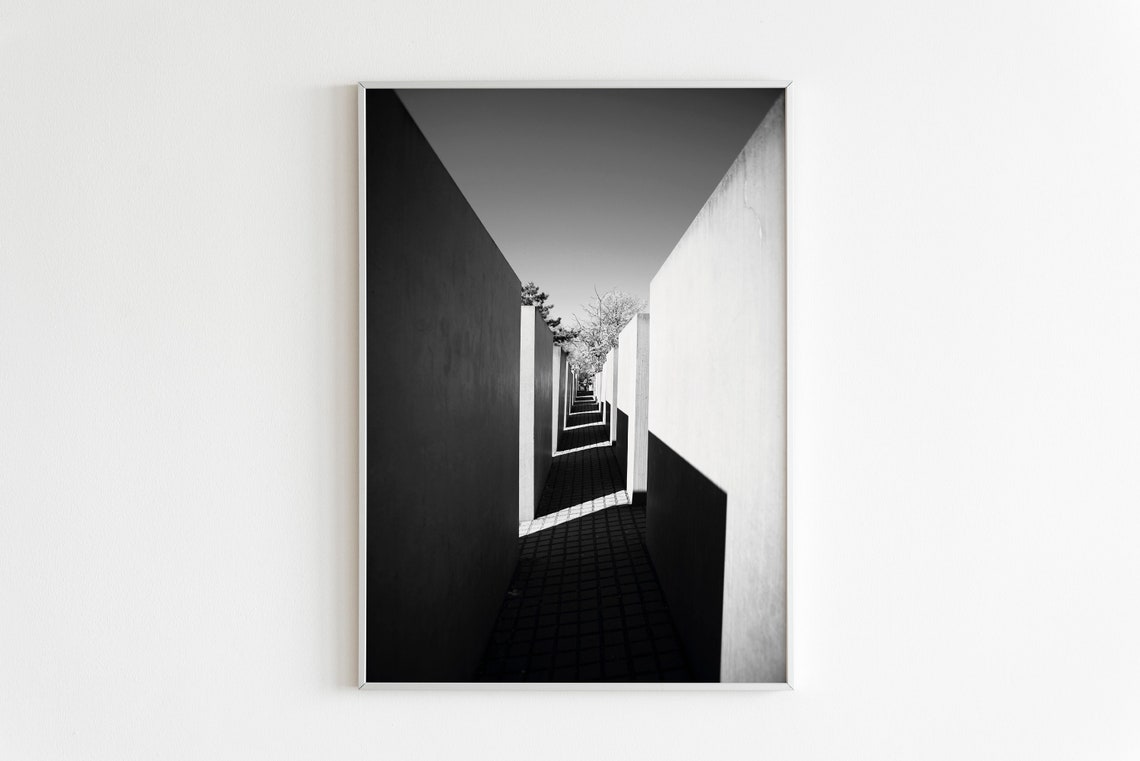 Black And White Minimalist Concrete Corridor Architecture Photo Print