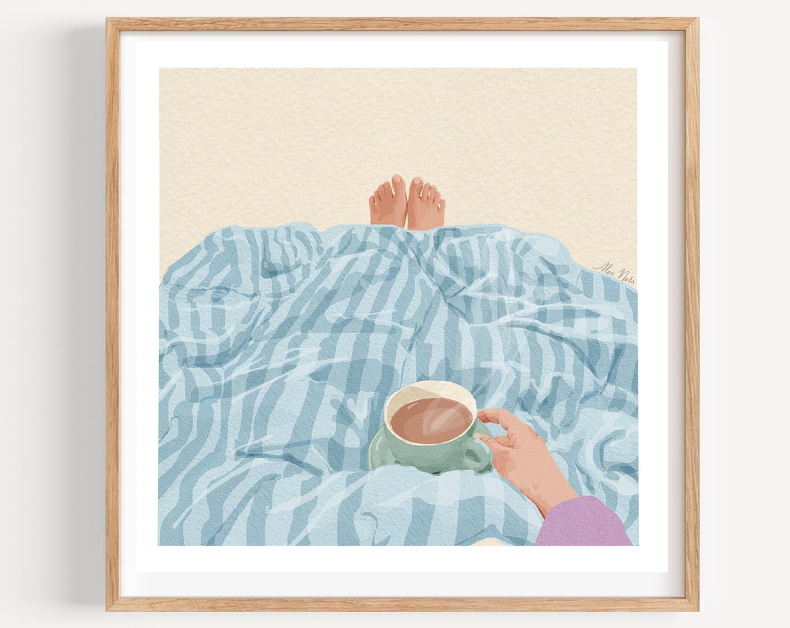 Coffee In Bed Art Print Watercolor Wall Art Slow Morning Coffee Gift Lazy Morning - Image 3