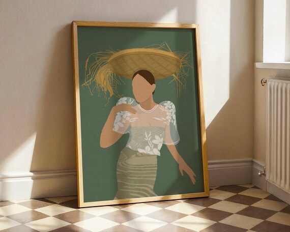 Filipina Woman in Baro and Straw Hat Folk Illustration Wall Art