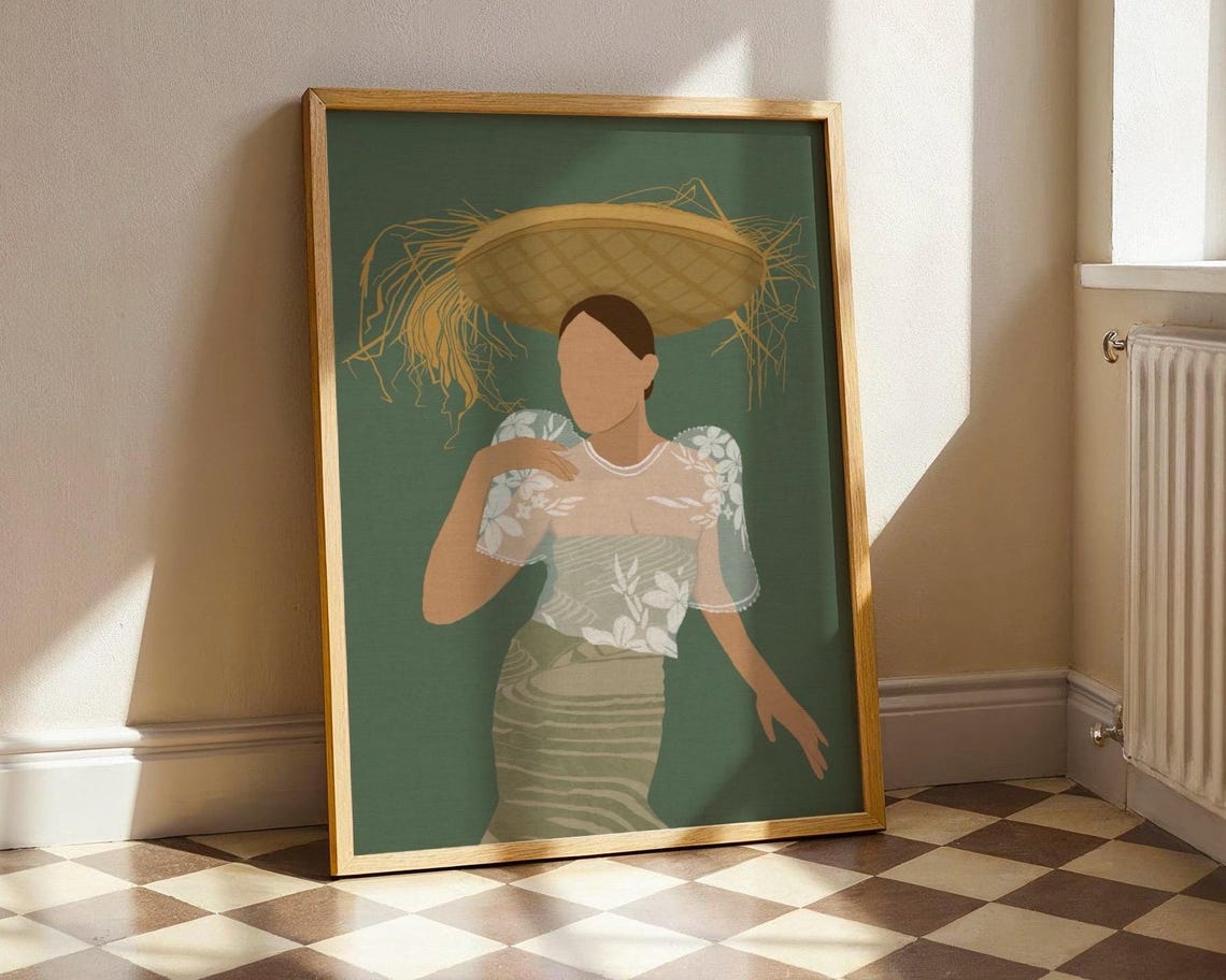 Filipina Woman in Baro and Straw Hat Folk Illustration Wall Art
