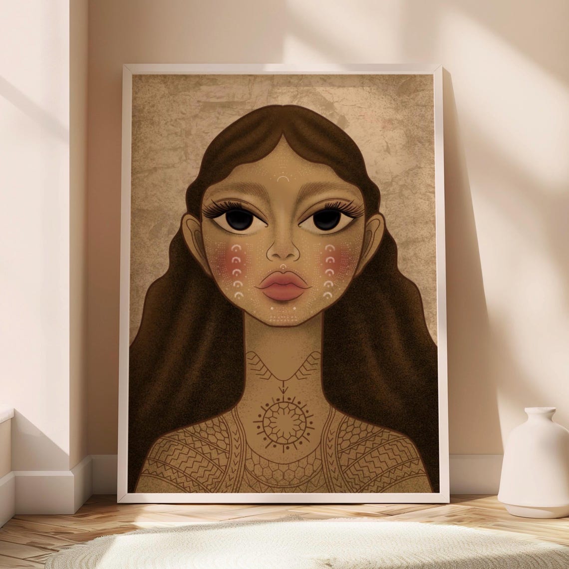 Tattooed Woman Portrait Earth Tone Folk Illustration Wall Art