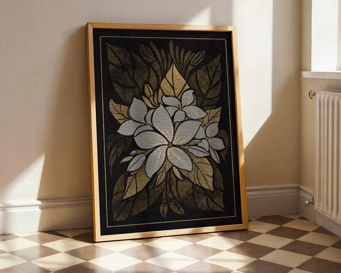White Plumeria Blossoms Gold Leaves on Black Vintage Floral Wall Art
