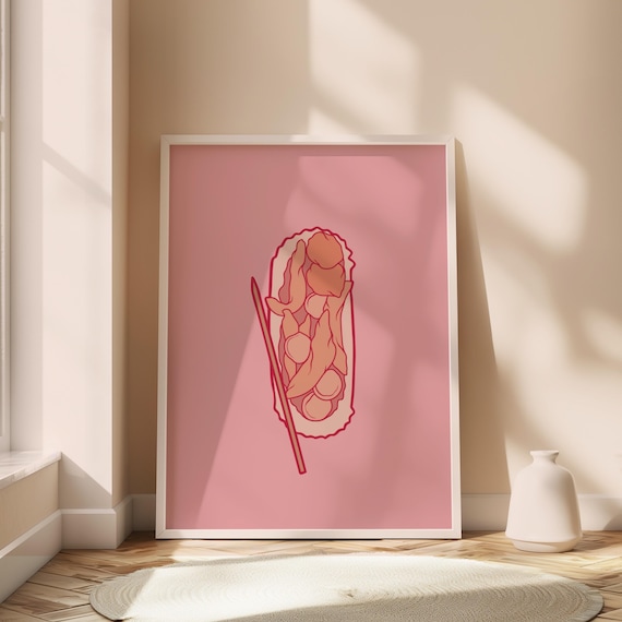 Pink Tempura Shrimp Roll Minimalist Kitchen Illustration Print