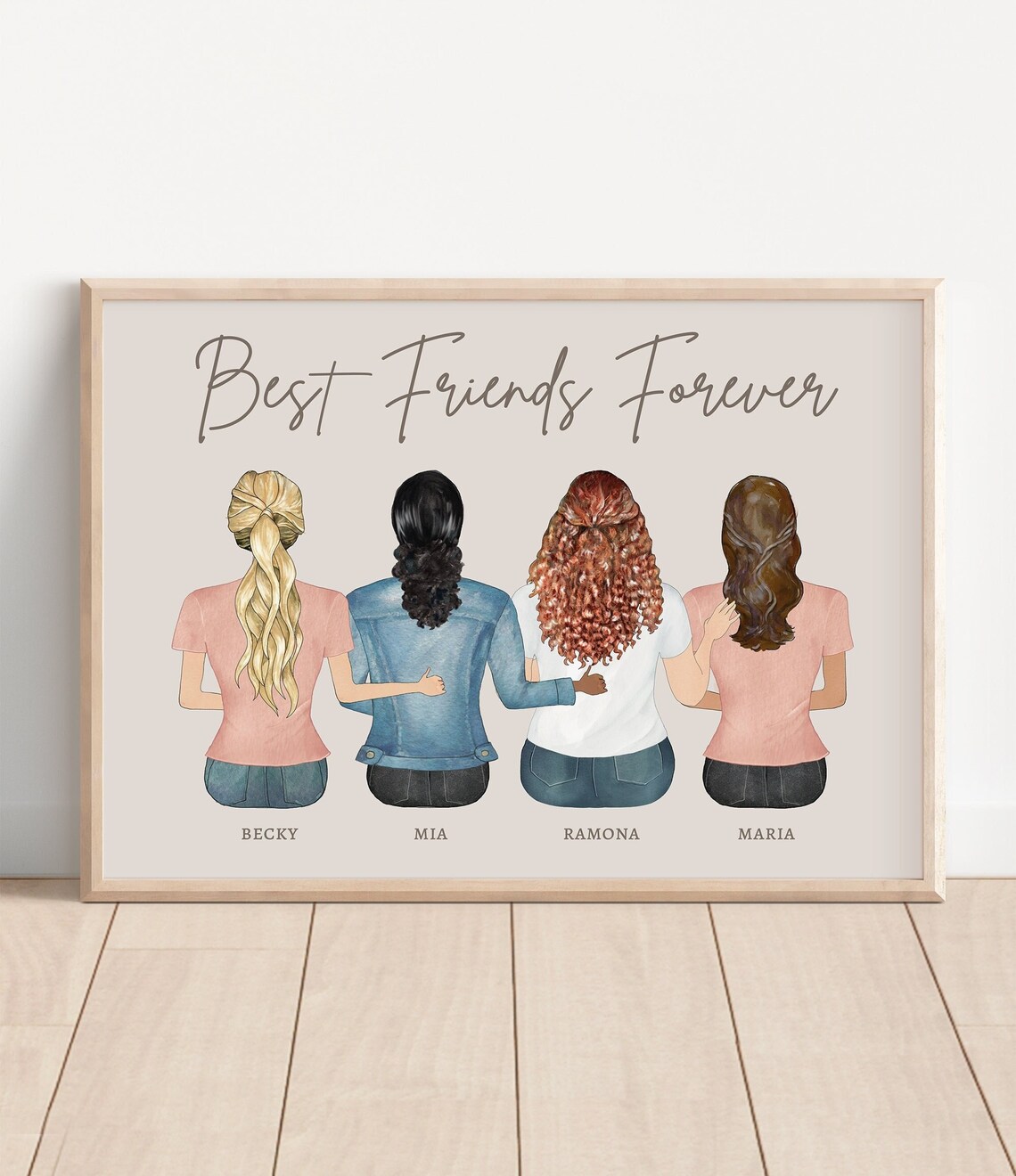 Best Friends Forever Four Friends Watercolor Portrait Gift Print