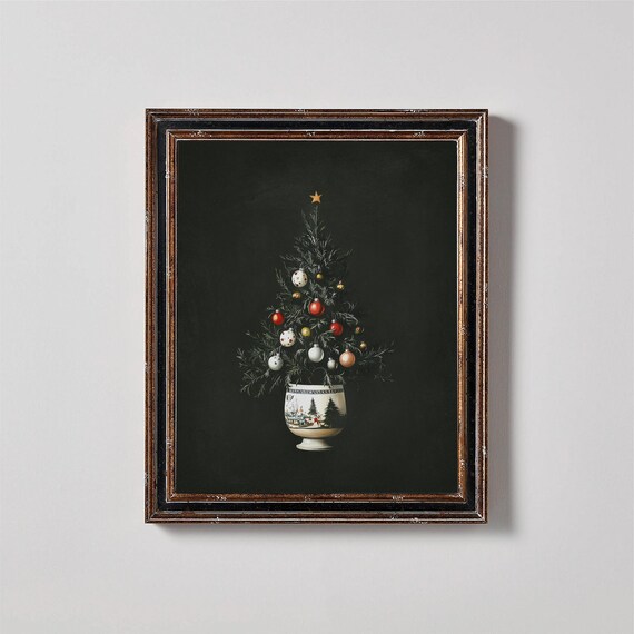 Moody Neutral Christmas Tree Rustic Winter Holiday Decor Wall Art