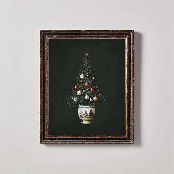 Moody Neutral Cottage Core Christmas Tree Wall Art Dark Academia Holiday Decor Print Rustic Winter Tree Print