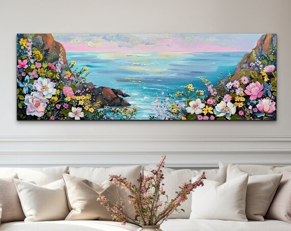 Ocean Cove Between Cliffs Framed by Spring Blossoms Panoramic Poster