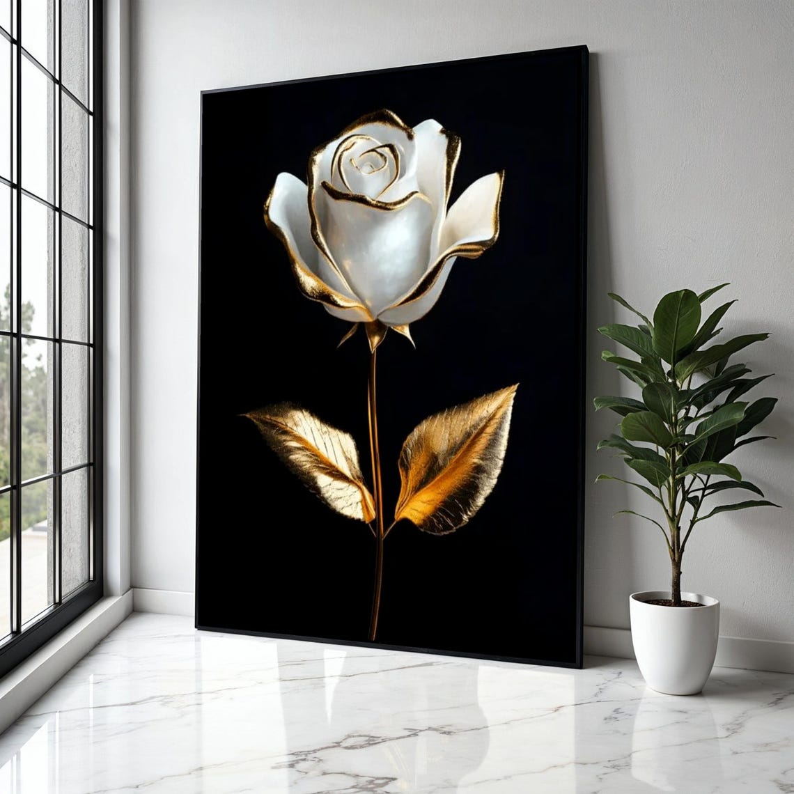 White Rose With Golden Petals on Black Luxury Floral Elegance Poster