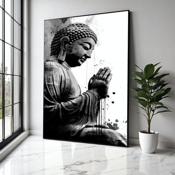 Meditative Buddha Statue Canvas Black And White Spiritual Wall Art Zen Home Decoration Praying Gift Decor Print