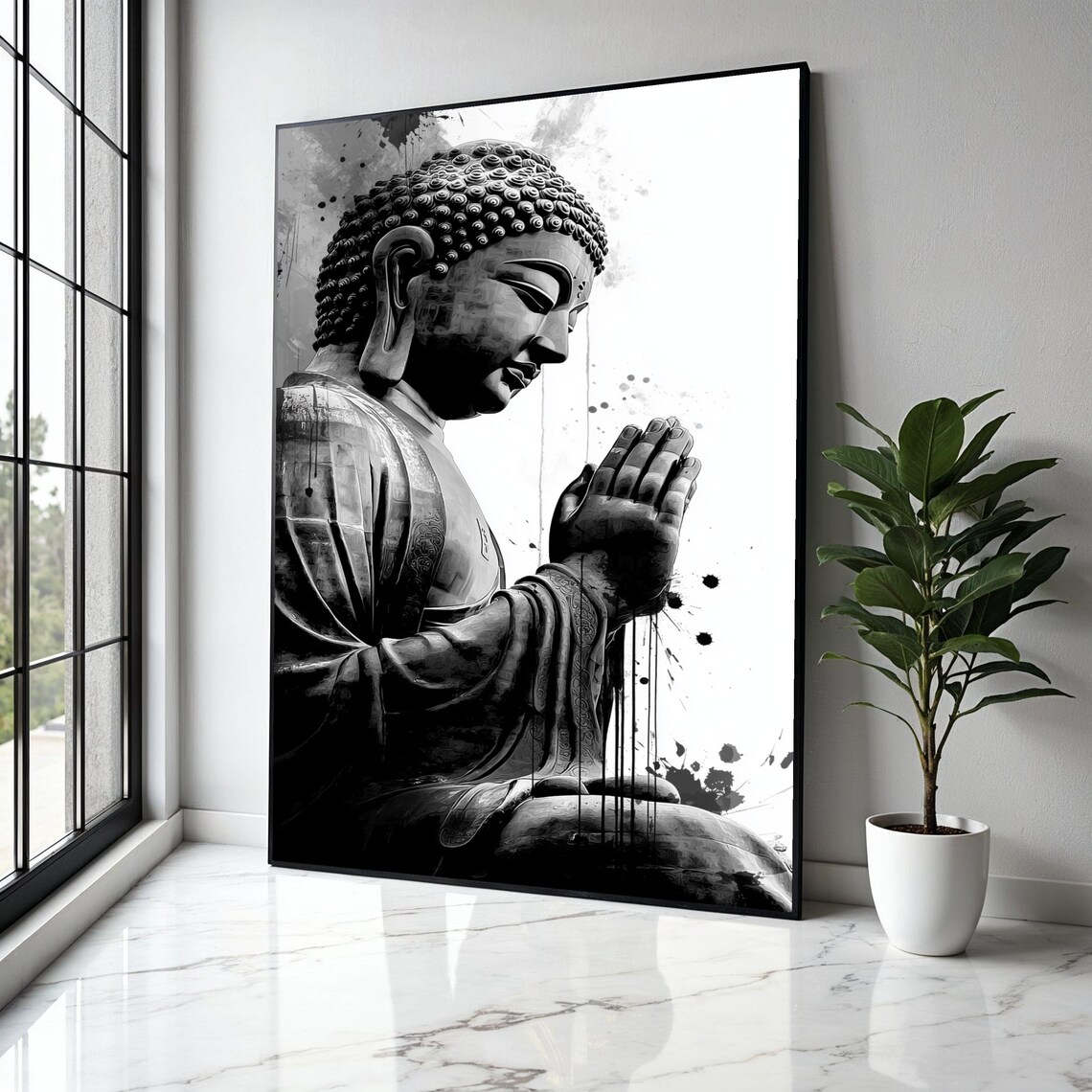 Buddha Praying Hands Black And White Ink Splash Spiritual Poster