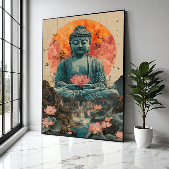Serene Buddha Meditation Canvas Flower Wall Art Spiritual Zen Decor Tranquil Landscape Painting Asian Gift Home Print