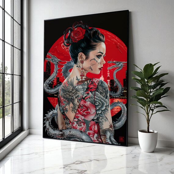 Tattooed Woman With Dragon Artwork Japanese Style Canvas Wall Art Asian Inspired Portrait Red Floral Tattoo Gift Home Decor Print