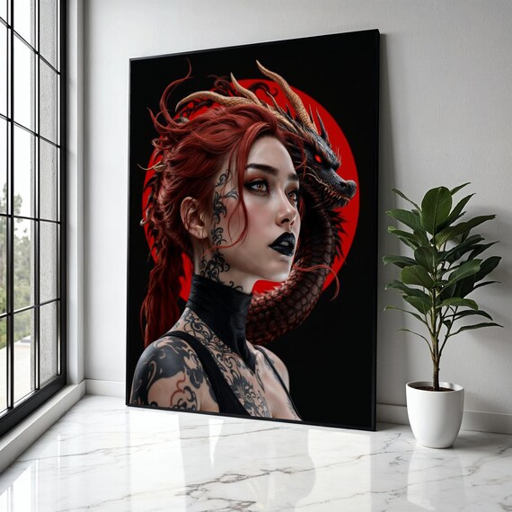 Fierce Redhaired Woman With Black Dragon Tattooed Fantasy Portrait Canvas Gothic Wall Art Dark Gift Home Decor Print