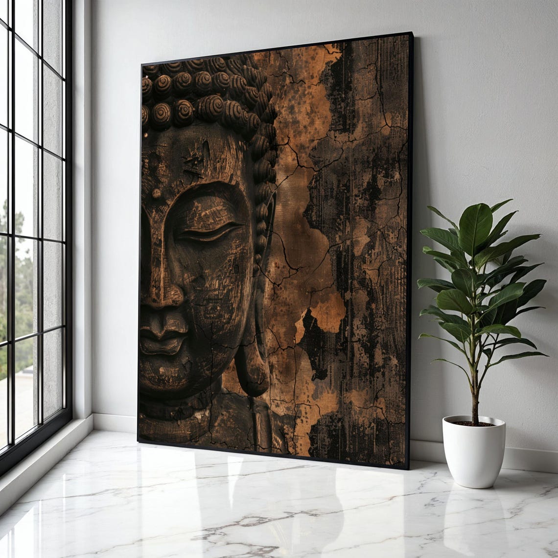 Ancient Cracked Bronze Buddha Face Weathered Stone Art Poster